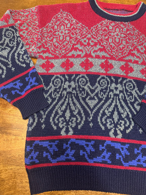 Vintage 80s/90s Red Navy Abstract Baroque Style Sweater (M+)
