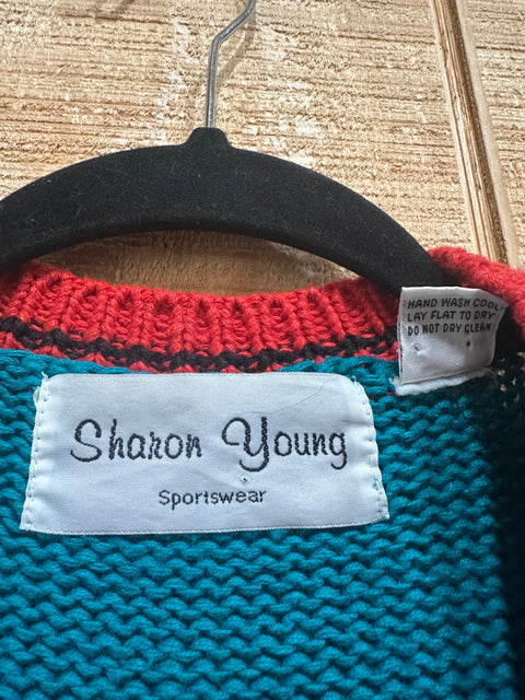 Vintage Aztec Applique Chunky Knit Cardigan Sweater (M)