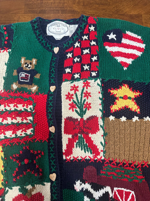 Vintage 90s Eagle's Eye Teddy Bear Americana Knit Cardigan (M)