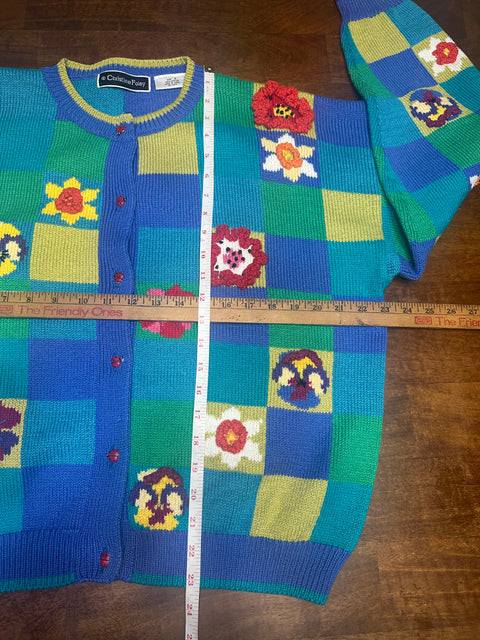 Vintage Checkered Floral Ladybug Knit Sweater (2; S/M)