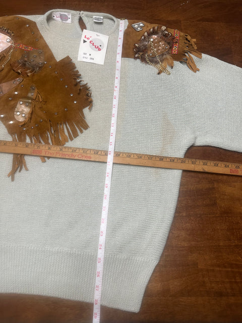 Vintage 80s Deadstock 'Le Top' Fringe Suede Embellished Hardware Sweater (M)
