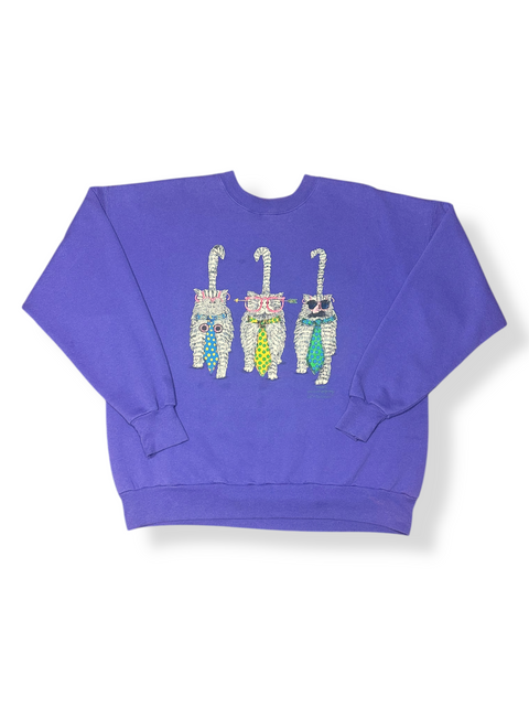 Vintage 90s Purple Cat Sweatshirt w/ Reverse Double-Sided Graphic (L+)