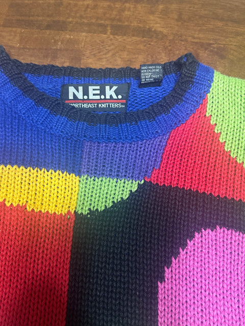 Vintage 90s Blue Knit Rainbow Circles Sweater (M)