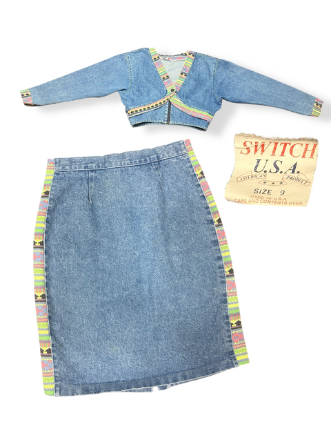 Vintage 90s Denim 2-Piece Cropped Jacket & Skirt Set (~M)