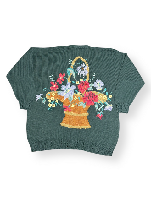 Vintage 80s Green Floral Basket Knit Cardigan Sweater (~2X)