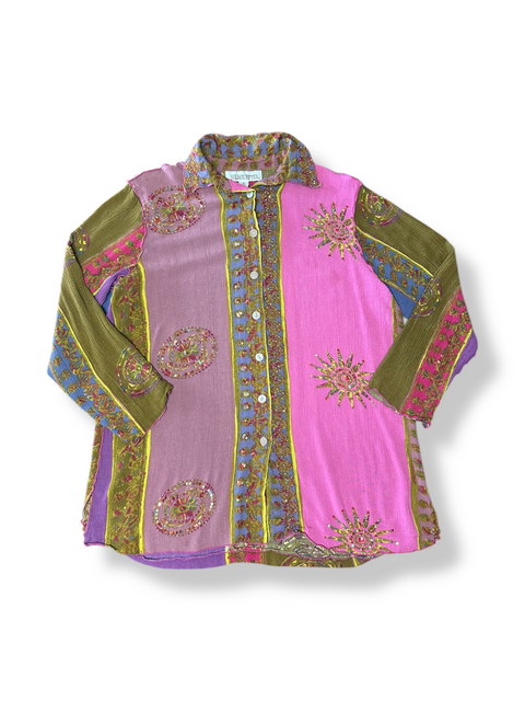 Vintage 'Silhouettes' Multicolor Rayon Button-Up Blouse (~M/L)