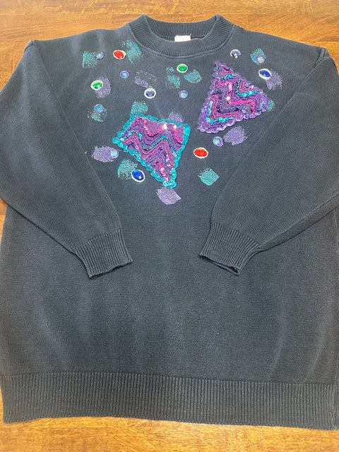 Vintage 80s Black Sequin Embellished Art Sweater (M/L)