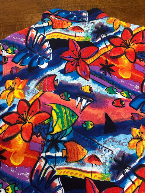 Vtg Chico's Design Rayon Rainbow Fish Beaded Blouse ('1'; S/M)