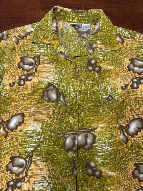 Vintage 80s Sheer Mustard Yellow Abstract Patterned Button-Up (M)