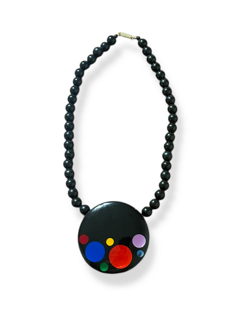 Vintage 80s Black Modernist Colorful Dot Pendant Statement Necklace