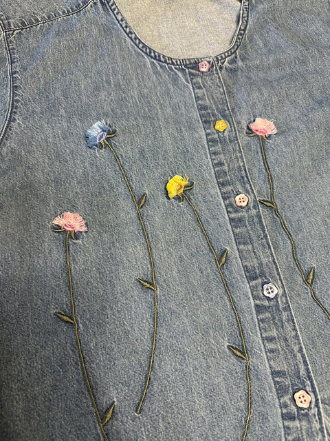 Vintage 90s Denim Floral Button-Up Shirt ('L')