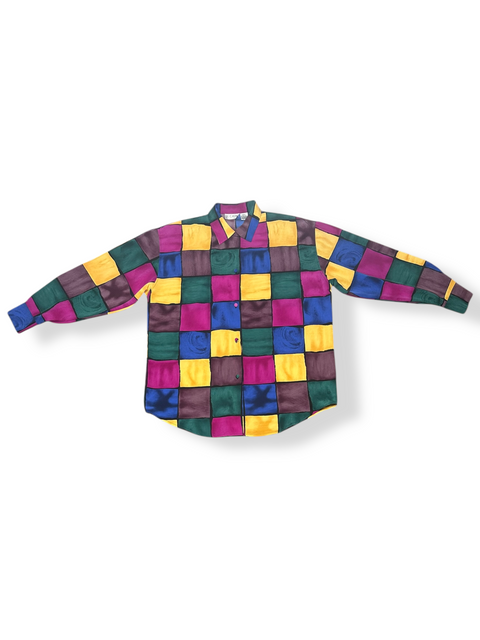 Vintage 90s Multicolored Checkered Button-Up Blouse (M)