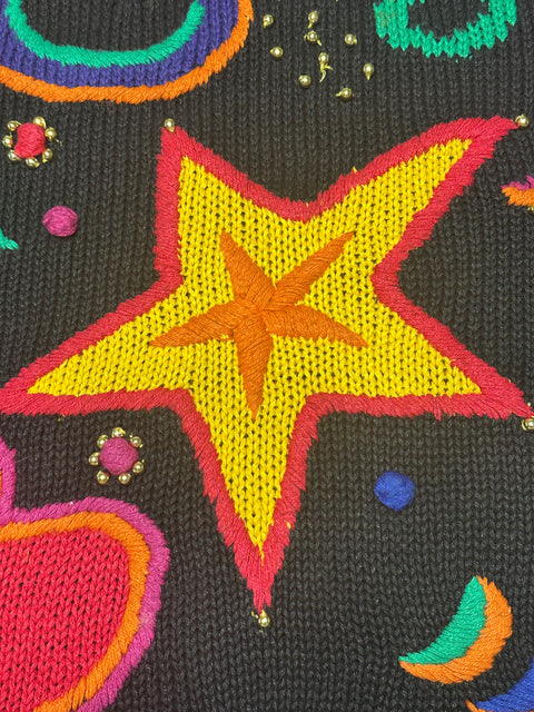 Vintage 80s Rainbow Stars & Hearts 3D Knit Statement Sweater (L, XL+)