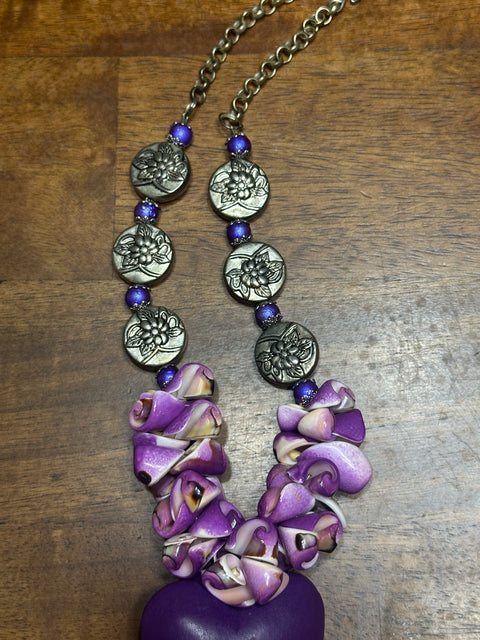 Purple Heart, Seashells & Silver Floral Beads Statement Necklace