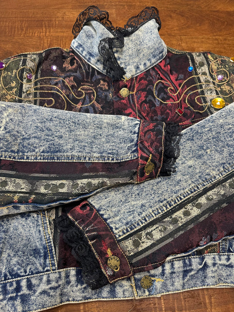 🏆Rare Vintage 80s Acid Wash Denim Brocade Gemstone Cropped Jacket (S/M)
