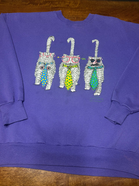 Vintage 90s Purple Cat Sweatshirt w/ Reverse Double-Sided Graphic (L+)