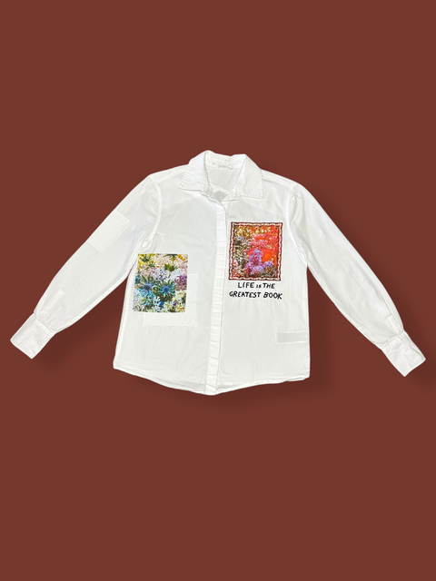 "Life is the Greatest Book" Patchwork Button-Up Shirt (XS/S)