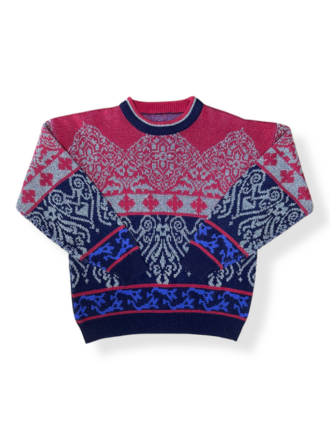 Vintage 80s/90s Red Navy Abstract Baroque Style Sweater (M+)