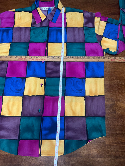 Vintage 90s Multicolored Checkered Button-Up Blouse (M)