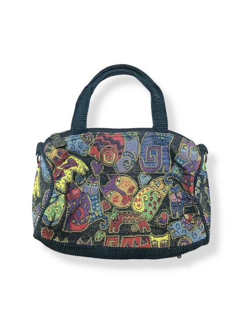 Vintage 90s Laurel Burch  Whimsical Multicolor Cat Tapestry Bag