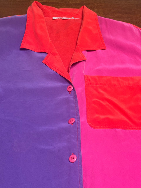 Vintage Silk Red Pink Purple Colorblock Shirt (S/M)