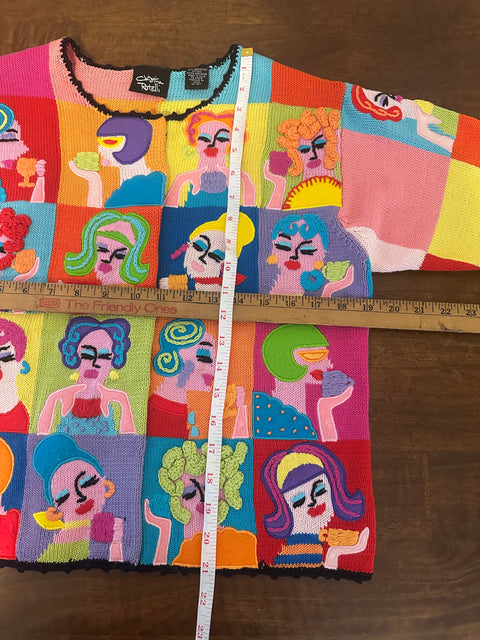 ☕Vtg 90s 'Tea Party' Lady Faces Colorblock Knit Statement Sweater (S/M)