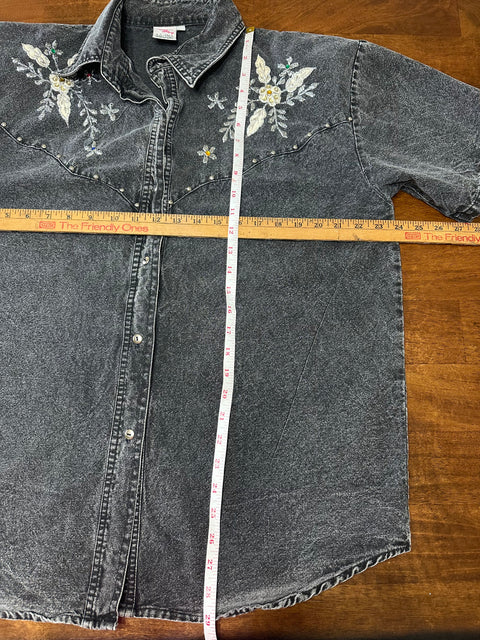 Vintage 80s Grey Acid Wash Studded Rhinestone Denim Shirt (M)