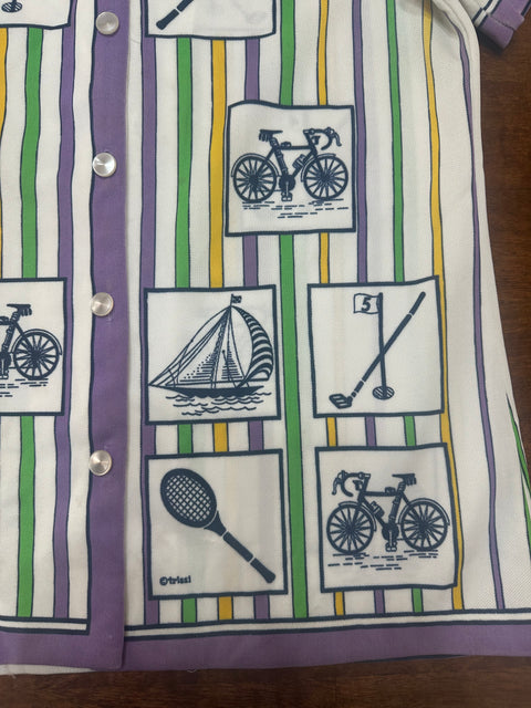 Vintage 70s Retro Sports Striped Novelty Button-Up (~M)