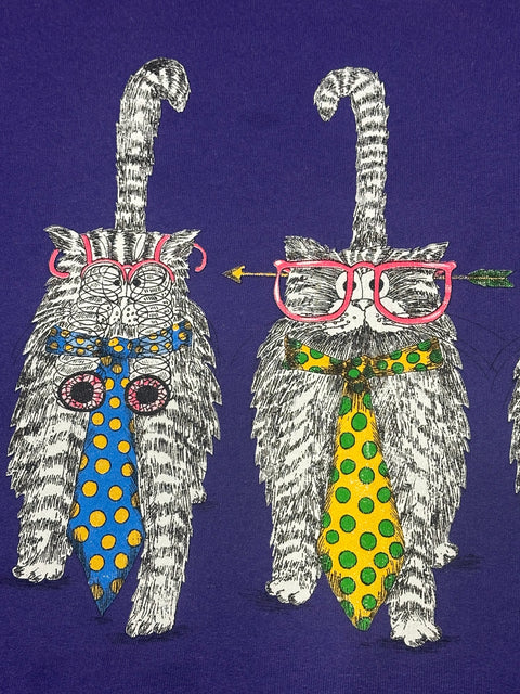 Vintage 90s Purple Cat Sweatshirt w/ Reverse Double-Sided Graphic (L+)