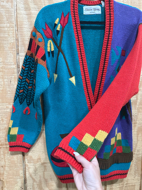 Vintage Aztec Applique Chunky Knit Cardigan Sweater (M)