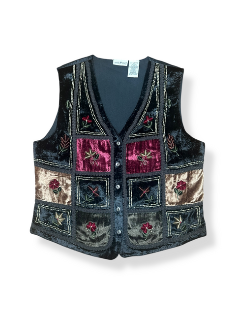 Vintage 90s Velvet Grunge Patchwork Embroidered Vest (L)
