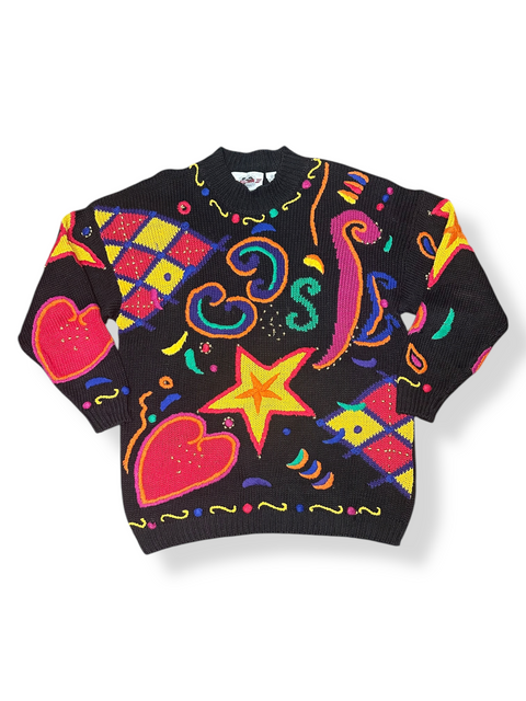 Vintage 80s Rainbow Stars & Hearts 3D Knit Statement Sweater (L, XL+)