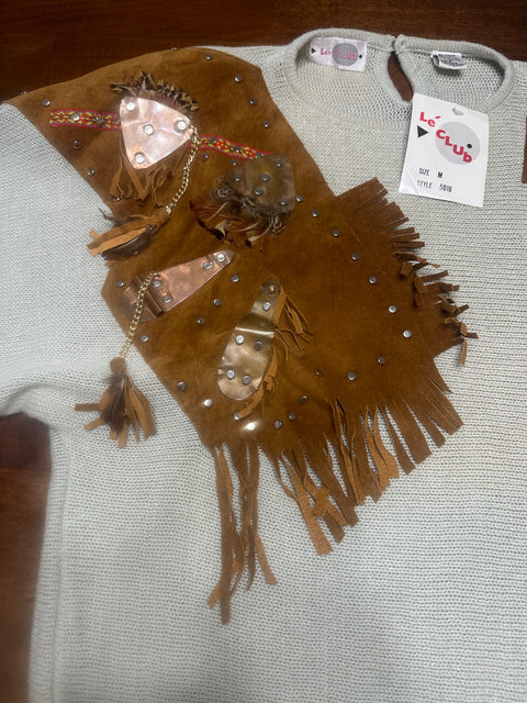 Vintage 80s Deadstock 'Le Top' Fringe Suede Embellished Hardware Sweater (M)