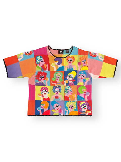 ☕Vtg 90s 'Tea Party' Lady Faces Colorblock Knit Statement Sweater (S/M)