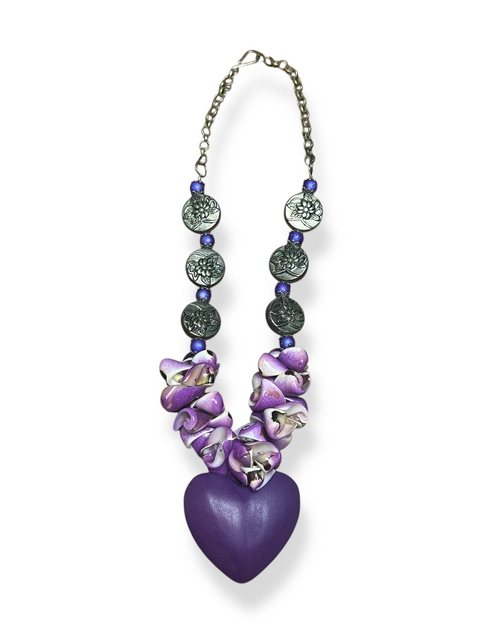 Purple Heart, Seashells & Silver Floral Beads Statement Necklace