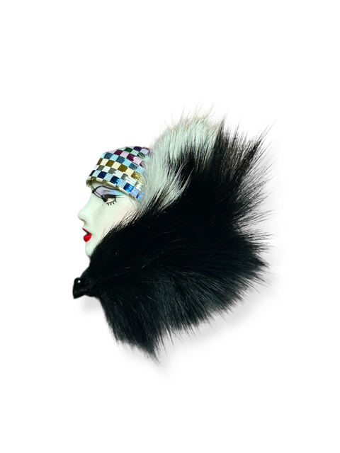 Vintage 80s Art Deco Lady Face Brooch w/ Faux Fur & Sequin Headband
