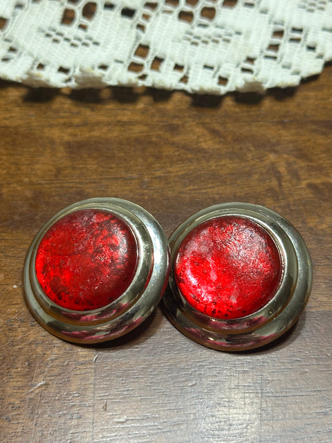 Vintage 80s Red Resin + Silver Metal Trim Clip-On Statement Earrings