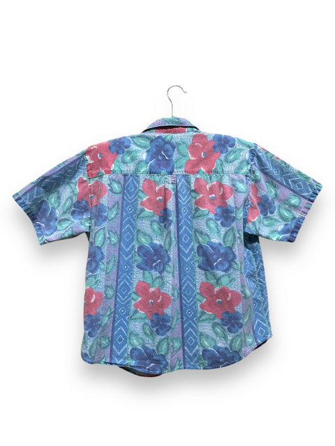 Vintage 80s Faded Blue Floral Patterned Button-Up Shirt (M)
