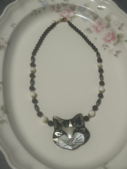 Lee Sands Mother of Pearl Cat Pendant Necklace