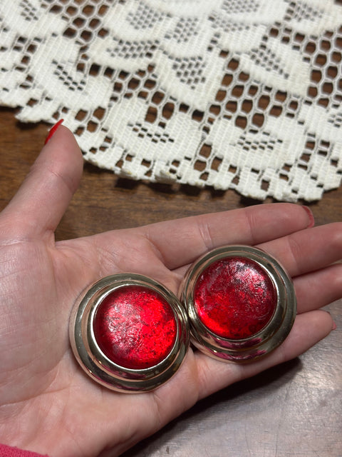 Vintage 80s Red Resin + Silver Metal Trim Clip-On Statement Earrings