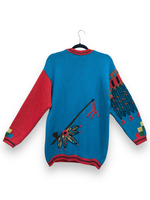 Vintage Aztec Applique Chunky Knit Cardigan Sweater (M)