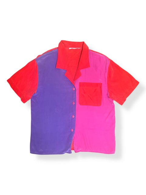 Vintage Silk Red Pink Purple Colorblock Shirt (S/M)