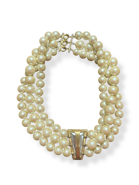 Vintage Richelieu Triple Strand Pearl Choker w/ Pink Gem Center