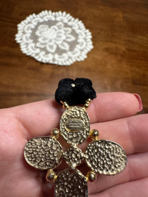 Vintage 90s Black Velvet Cord Necklace w/ Multicolor Jewel Cross Pendant