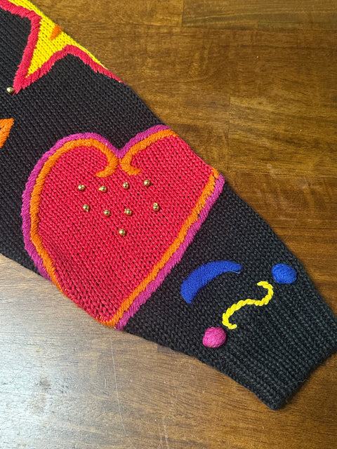 Vintage 80s Rainbow Stars & Hearts 3D Knit Statement Sweater (L, XL+)