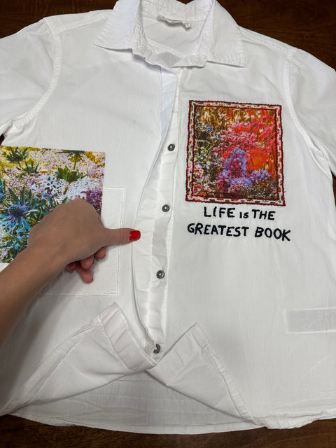 "Life is the Greatest Book" Patchwork Button-Up Shirt (XS/S)