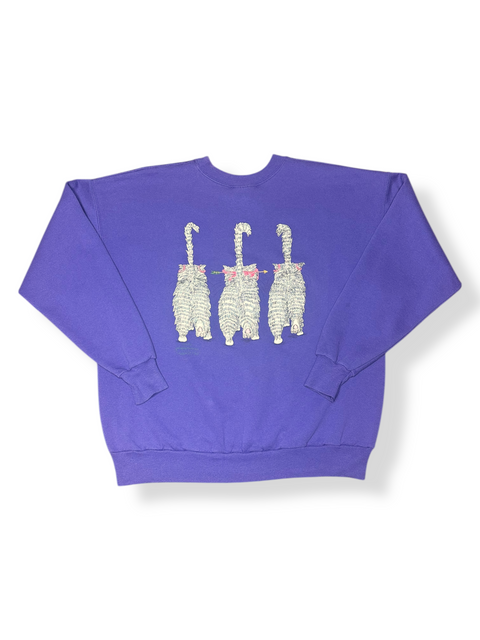 Vintage 90s Purple Cat Sweatshirt w/ Reverse Double-Sided Graphic (L+)