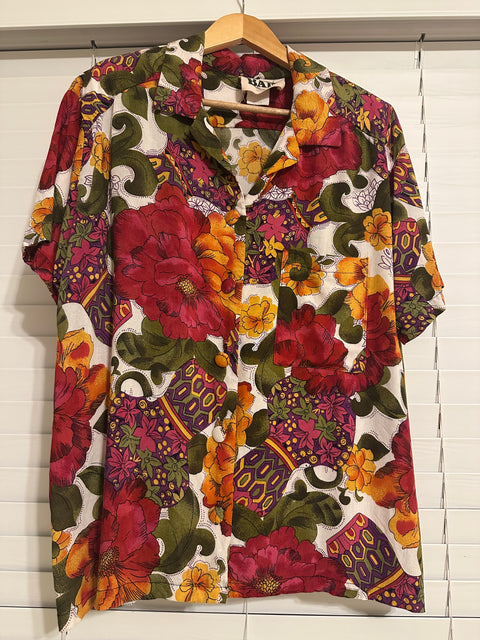 Vintage 80s Abstract Floral Patterned Button-Up Shirt (M)