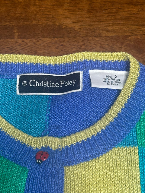 Vintage Checkered Floral Ladybug Knit Sweater (2; S/M)