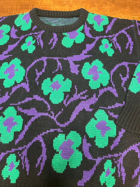 Vintage 80s Teal/Purple Floral Black Sweater (~S)